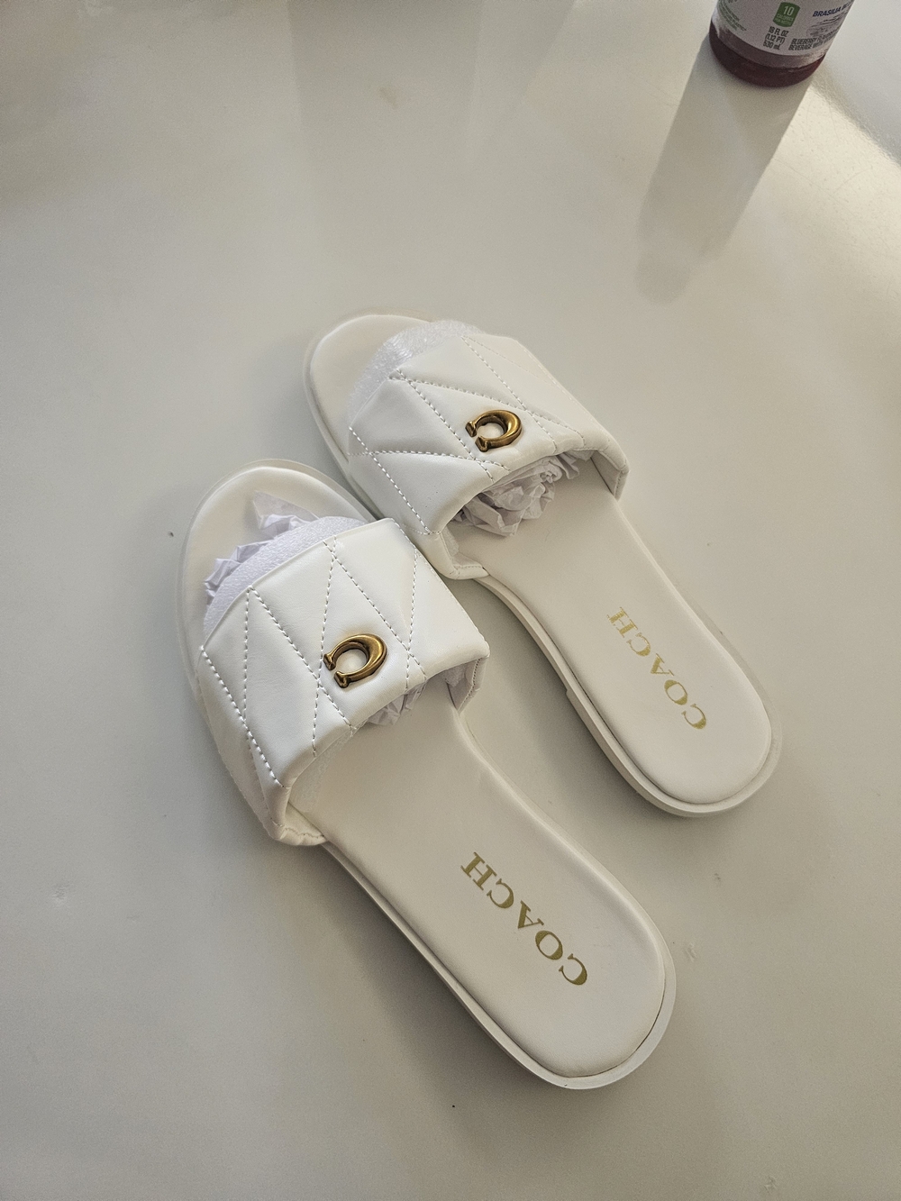 Coach Women's White Quilted Slide Sandals with Gold Accent - Picture 5 of 5